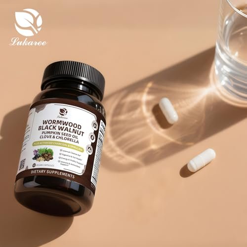 Lukaree Wermut Schwarznuss Reinigung für Menschen 1200mg – Ultimative Darmreinigung & Verdauungsgesundheit mit Kürbiskernöl, Nelke, Aktivkohle – Probiotische Kapseln für Männer & Frauen – Vegan, 60 Stück