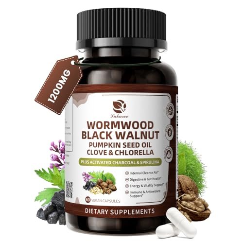 Lukaree Wermut Schwarznuss Reinigung für Menschen 1200mg – Ultimative Darmreinigung & Verdauungsgesundheit mit Kürbiskernöl, Nelke, Aktivkohle – Probiotische Kapseln für Männer & Frauen – Vegan, 60 Stück