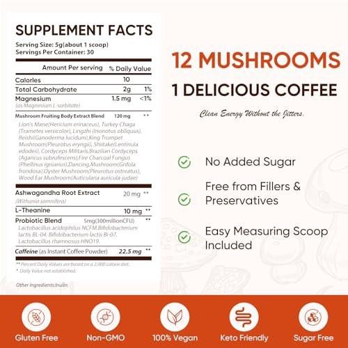 Itiban Pilzkaffee, 12 Pilze Mischung mit Ashwagandha, Löwenmähne, Chaga und Probiotika – Instant Pilz-Latte für Fokus, Darm- und Immun-Gesundheit, 30 Portionen