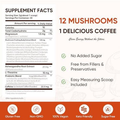 Itiban Pilzkaffee, 12 Pilze Mischung mit Ashwagandha, Löwenmähne, Chaga und Probiotika – Instant Pilz-Latte für Fokus, Darm- und Immun-Gesundheit, 30 Portionen
