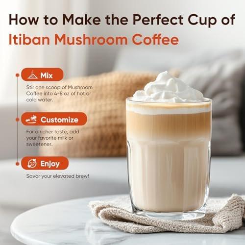 Itiban Pilzkaffee, 12 Pilze Mischung mit Ashwagandha, Löwenmähne, Chaga und Probiotika – Instant Pilz-Latte für Fokus, Darm- und Immun-Gesundheit, 30 Portionen