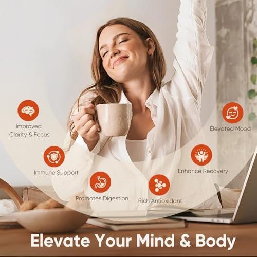 Itiban Pilzkaffee, 12 Pilze Mischung mit Ashwagandha, Löwenmähne, Chaga und Probiotika – Instant Pilz-Latte für Fokus, Darm- und Immun-Gesundheit, 30 Portionen