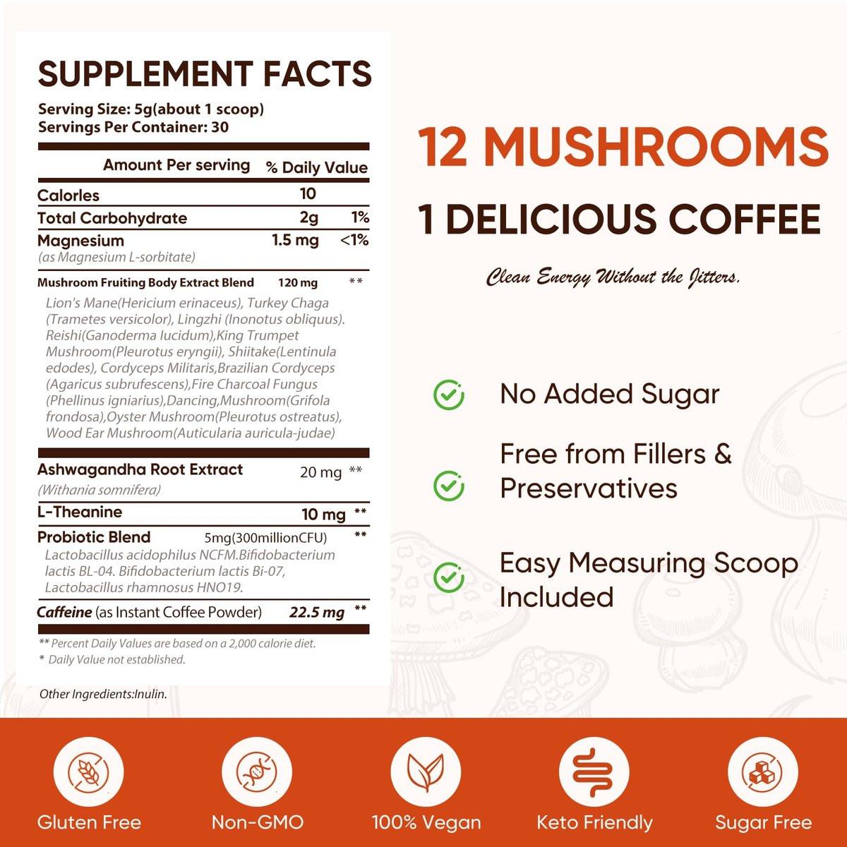 Itiban Pilzkaffee, 12 Pilze Mischung mit Ashwagandha, Löwenmähne, Chaga und Probiotika – Instant Pilz-Latte für Fokus, Darm- und Immun-Gesundheit, 30 Portionen