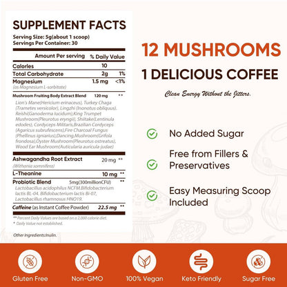 Itiban Pilzkaffee, 12 Pilze Mischung mit Ashwagandha, Löwenmähne, Chaga und Probiotika – Instant Pilz-Latte für Fokus, Darm- und Immun-Gesundheit, 30 Portionen