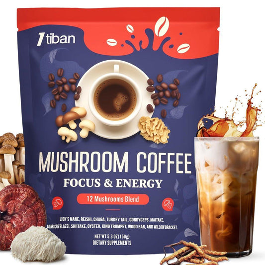 Itiban Pilzkaffee, 12 Pilze Mischung mit Ashwagandha, Löwenmähne, Chaga und Probiotika – Instant Pilz-Latte für Fokus, Darm- und Immun-Gesundheit, 30 Portionen