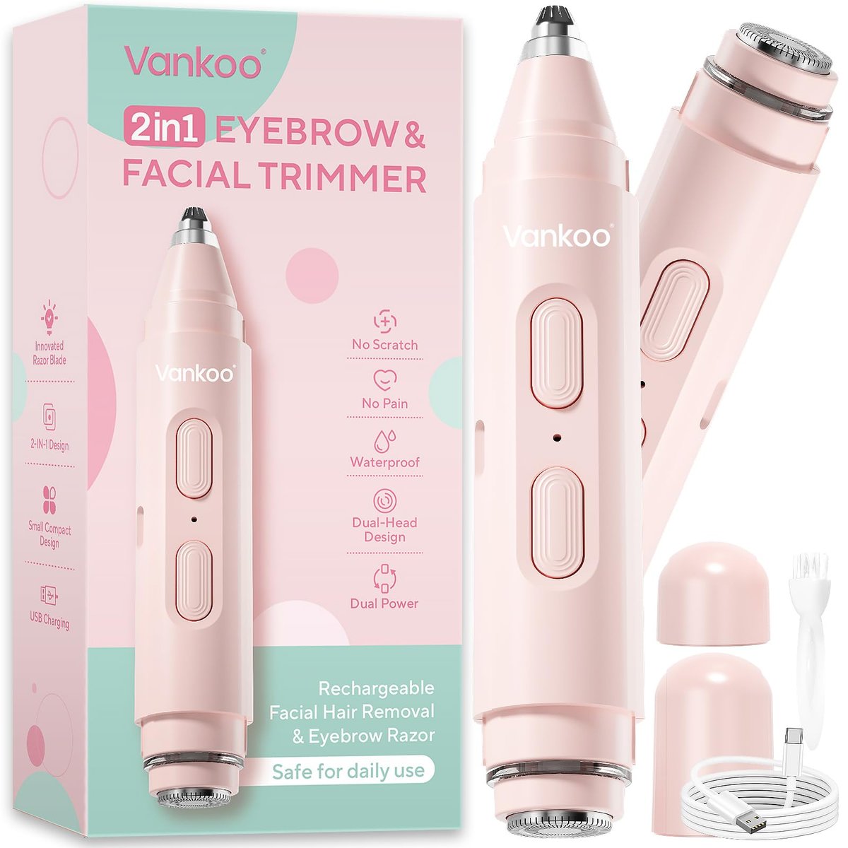Vankoo 2-in-1 Gesichtshaarentferner & Augenbrauentrimmer – Wiederaufladbarer Rasierer für Frauen mit LED-Licht – Schmerzlose Haarentfernung für makellose Haut & Make-up