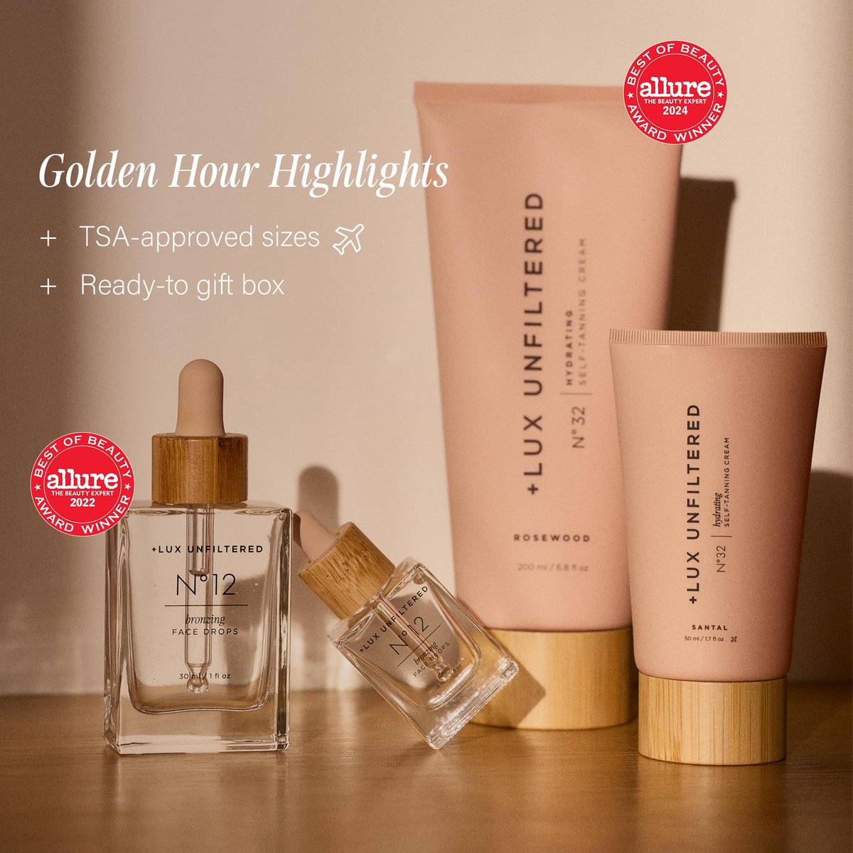 + Lux Unfiltered Mini Golden Hour Set – Probierset mit Selbstbräuner N°32 Santal 1,7 fl oz & Gesichtsbräunungstropfen N°12 0,27 fl oz – Vegan & tierversuchsfrei