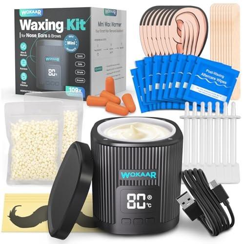 Wokaar Nasenwachs-Set für Augenbrauen und Ohrenhaare | 100g Wachs, 50 Gesichtswachsstäbchen | USB-C (5V/2A) Wachswärmer | Haarentfernungsset für Männer & Frauen | 15 Vor-/Nachbehandlungstücher, Ohren- und Bartschutz & Ohrstöpsel