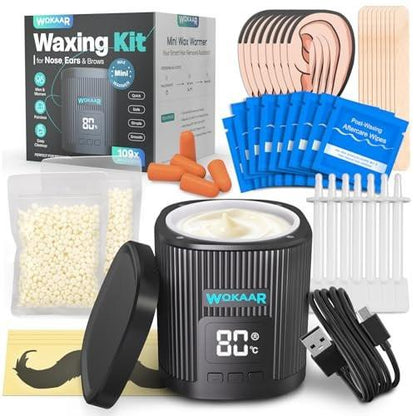 Wokaar Nasenwachs-Set für Augenbrauen und Ohrenhaare | 100g Wachs, 50 Gesichtswachsstäbchen | USB-C (5V/2A) Wachswärmer | Haarentfernungsset für Männer & Frauen | 15 Vor-/Nachbehandlungstücher, Ohren- und Bartschutz & Ohrstöpsel