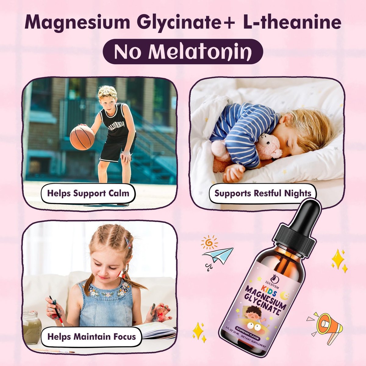 LUCNVEM Magnesiumglycinat Schlaf-Liquid-Tropfen für Kinder – Mit L-Theanin, Melatoninfrei, Zuckerfrei, Himbeergeschmack – 1 Flasche, 30 ml