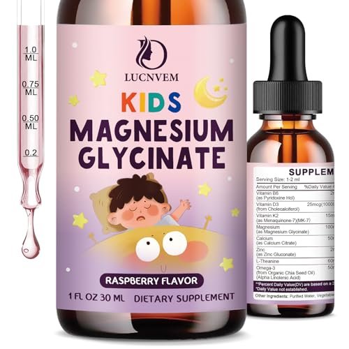 LUCNVEM Magnesiumglycinat Schlaf-Liquid-Tropfen für Kinder – Mit L-Theanin, Melatoninfrei, Zuckerfrei, Himbeergeschmack – 1 Flasche, 30 ml