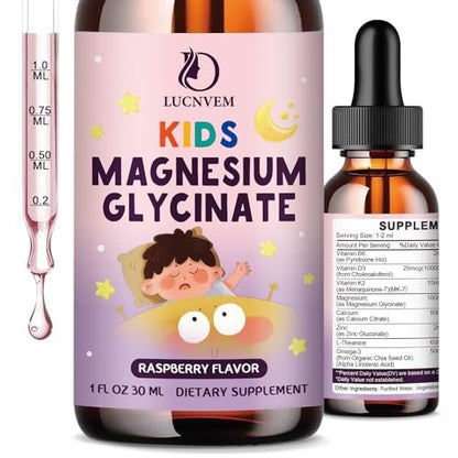 LUCNVEM Magnesiumglycinat Schlaf-Liquid-Tropfen für Kinder – Mit L-Theanin, Melatoninfrei, Zuckerfrei, Himbeergeschmack – 1 Flasche, 30 ml