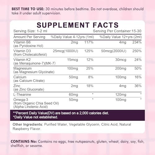 LUCNVEM Magnesiumglycinat Schlaf-Liquid-Tropfen für Kinder – Mit L-Theanin, Melatoninfrei, Zuckerfrei, Himbeergeschmack – 1 Flasche, 30 ml