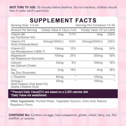 LUCNVEM Magnesiumglycinat Schlaf-Liquid-Tropfen für Kinder – Mit L-Theanin, Melatoninfrei, Zuckerfrei, Himbeergeschmack – 1 Flasche, 30 ml