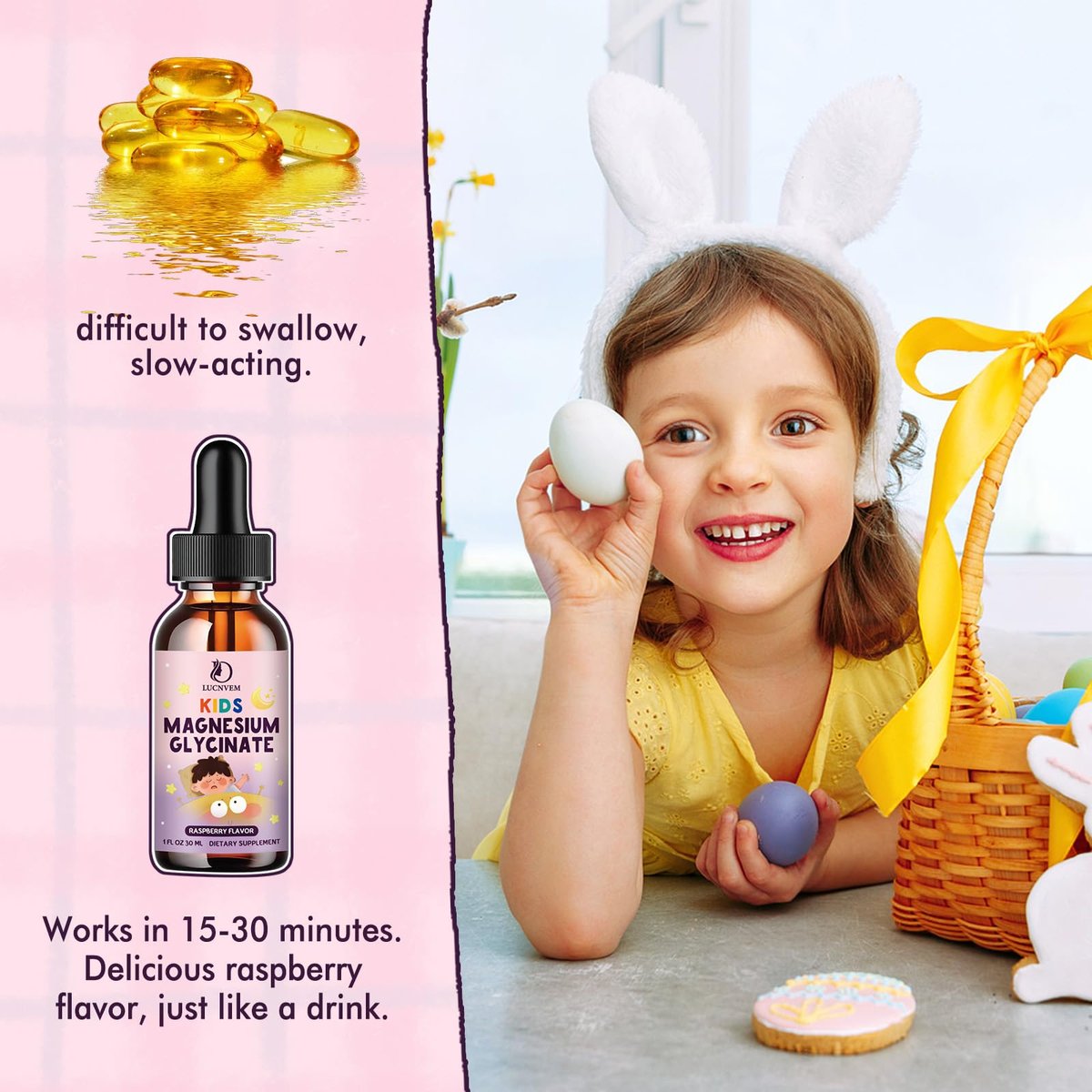 LUCNVEM Magnesiumglycinat Schlaf-Liquid-Tropfen für Kinder – Mit L-Theanin, Melatoninfrei, Zuckerfrei, Himbeergeschmack – 1 Flasche, 30 ml