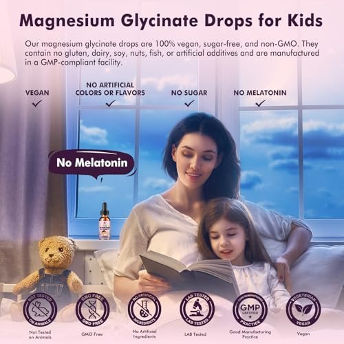 LUCNVEM Magnesiumglycinat Schlaf-Liquid-Tropfen für Kinder – Mit L-Theanin, Melatoninfrei, Zuckerfrei, Himbeergeschmack – 1 Flasche, 30 ml