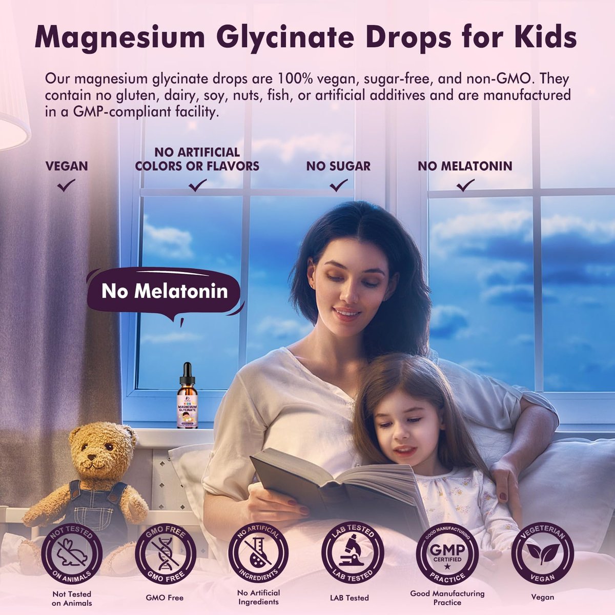 LUCNVEM Magnesiumglycinat Schlaf-Liquid-Tropfen für Kinder – Mit L-Theanin, Melatoninfrei, Zuckerfrei, Himbeergeschmack – 1 Flasche, 30 ml