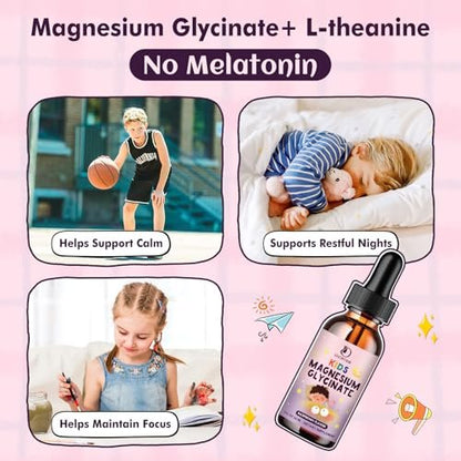 LUCNVEM Magnesiumglycinat Schlaf-Liquid-Tropfen für Kinder – Mit L-Theanin, Melatoninfrei, Zuckerfrei, Himbeergeschmack – 1 Flasche, 30 ml