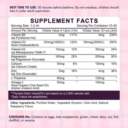 LUCNVEM Magnesiumglycinat Schlaf-Liquid-Tropfen für Kinder – Mit L-Theanin, Melatoninfrei, Zuckerfrei, Himbeergeschmack – 1 Flasche, 30 ml