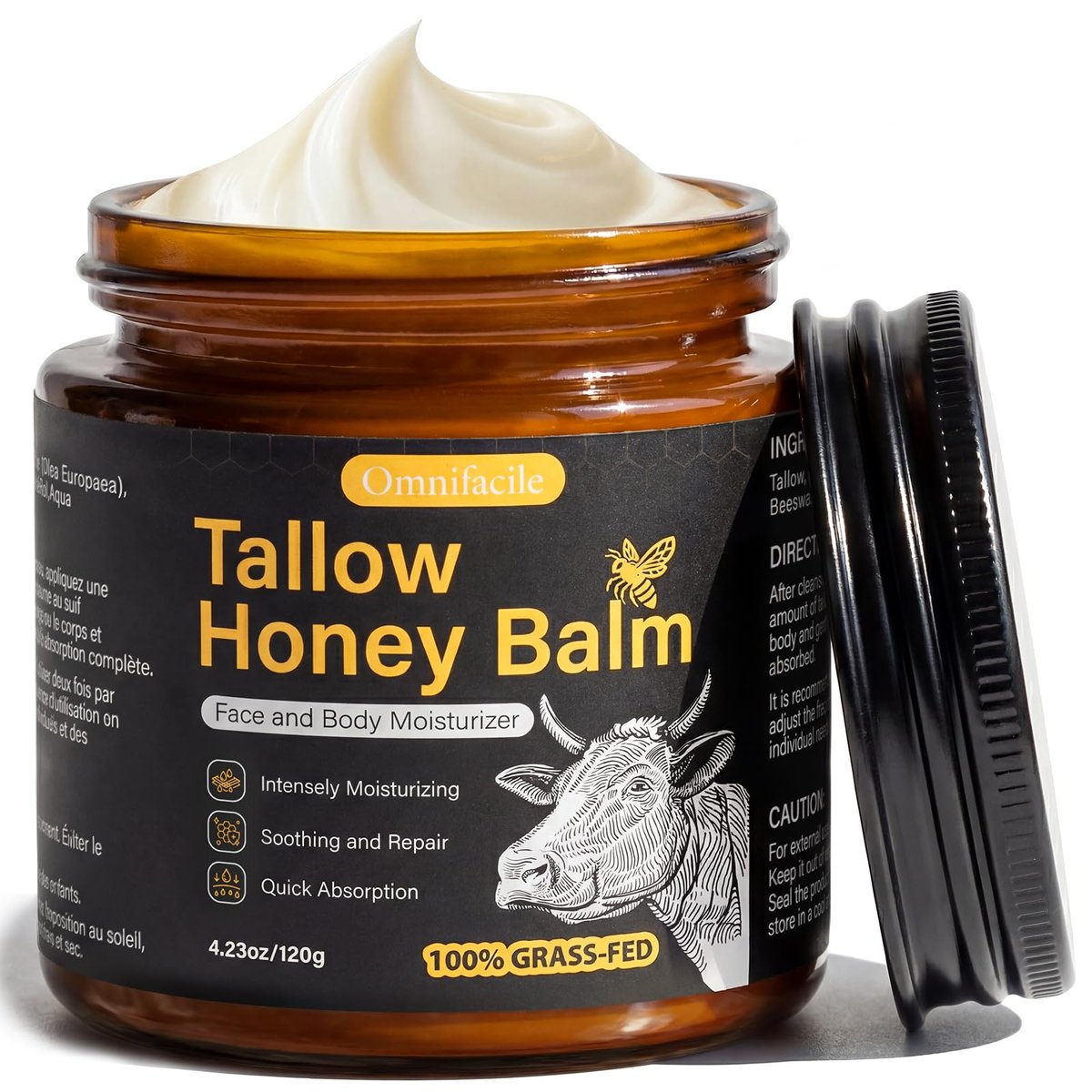 Beef Tallow für Haut, Gesicht und Körper – Handgemachte, geschlagene Tallow-Gesichtsfeuchtigkeitscreme & Tallow-Balsam mit 100 % grasgefüttertem Rindertalg & Rohhonig – natürlicher Bio-Talg- und Honigbalsam für Männer & Frauen, unparfümiert, 120 ml