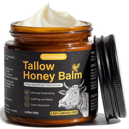 Beef Tallow für Haut, Gesicht und Körper – Handgemachte, geschlagene Tallow-Gesichtsfeuchtigkeitscreme & Tallow-Balsam mit 100 % grasgefüttertem Rindertalg & Rohhonig – natürlicher Bio-Talg- und Honigbalsam für Männer & Frauen, unparfümiert, 120 ml