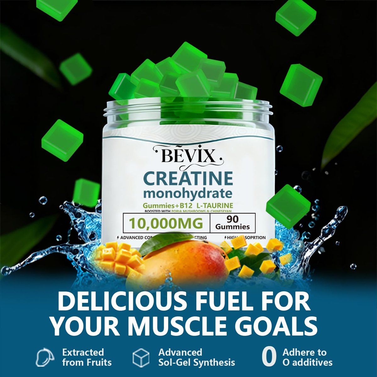 BEVIX Creatine Gummis – Hochdosiertes Creatin-Monohydrat für Energie, Kraft & Muskelaufbau, mit L-Taurin & B12, zuckerfrei, glutenfrei, 90 Stück