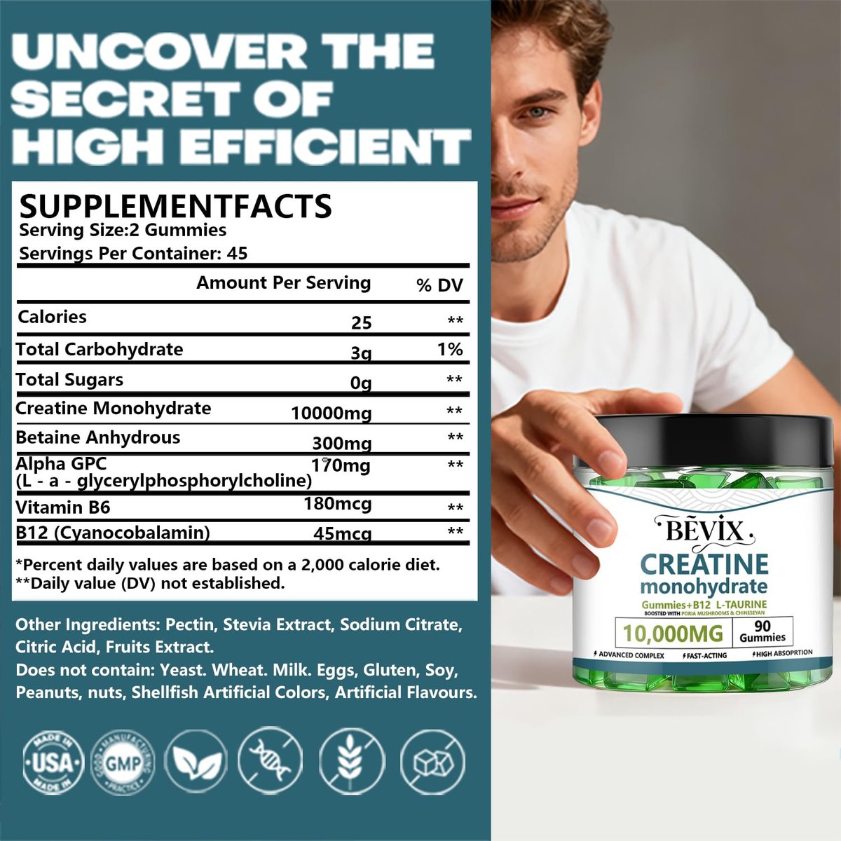 BEVIX Creatine Gummis – Hochdosiertes Creatin-Monohydrat für Energie, Kraft & Muskelaufbau, mit L-Taurin & B12, zuckerfrei, glutenfrei, 90 Stück