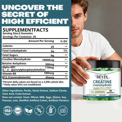 BEVIX Creatine Gummis – Hochdosiertes Creatin-Monohydrat für Energie, Kraft & Muskelaufbau, mit L-Taurin & B12, zuckerfrei, glutenfrei, 90 Stück