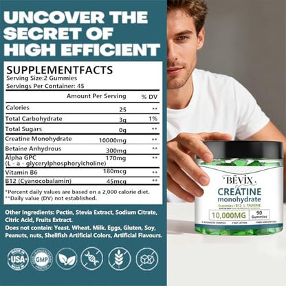 BEVIX Creatine Gummis – Hochdosiertes Creatin-Monohydrat für Energie, Kraft & Muskelaufbau, mit L-Taurin & B12, zuckerfrei, glutenfrei, 90 Stück