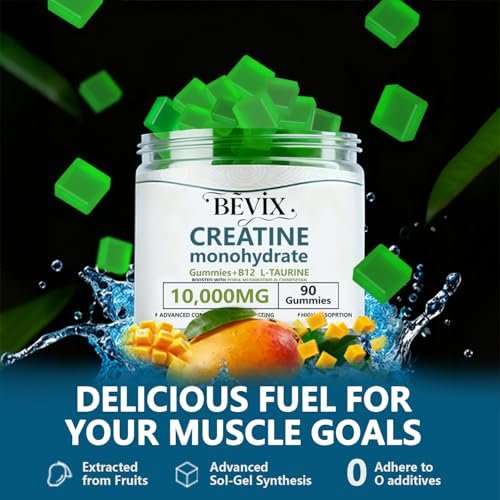 BEVIX Creatine Gummis – Hochdosiertes Creatin-Monohydrat für Energie, Kraft & Muskelaufbau, mit L-Taurin & B12, zuckerfrei, glutenfrei, 90 Stück