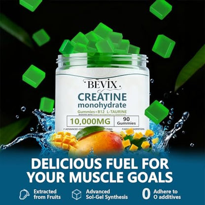 BEVIX Creatine Gummis – Hochdosiertes Creatin-Monohydrat für Energie, Kraft & Muskelaufbau, mit L-Taurin & B12, zuckerfrei, glutenfrei, 90 Stück