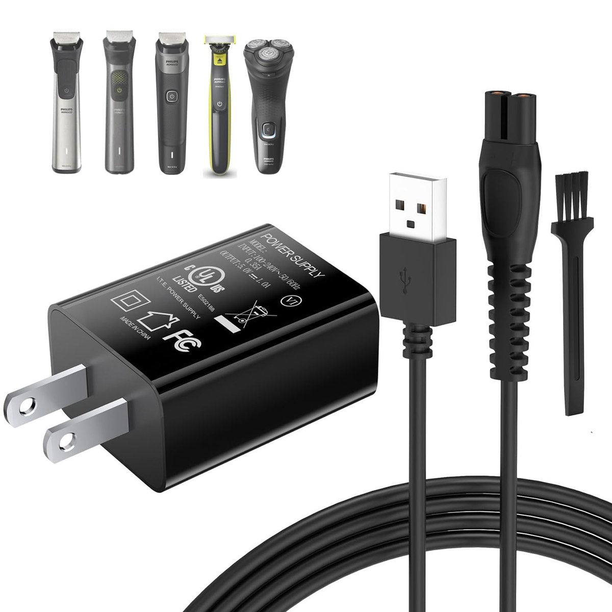 5V UL-Netzteil für Philips Norelco OneBlade MG9525 MG9520 MG5910 QP1424 QP1624 MG5950 MG5940 MG5930 MG5920 BT3238 BT3234 PQ888 PQ889 QP1324 QP2724 X3001 QP2834, 360 Hybrid Face Shaver Kabel