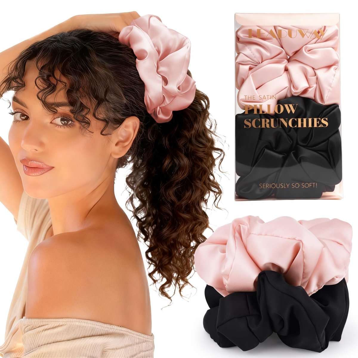 2er-Pack Seidige Scrunchies – Schonende Kissen-Scrunchies, seidenweiche übergroße Haargummis für Schlafen, lockiges, dickes oder dünnes Haar (Rosa & Schwarz)