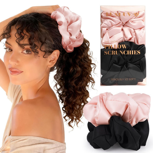 2er-Pack Seidige Scrunchies – Schonende Kissen-Scrunchies, seidenweiche übergroße Haargummis für Schlafen, lockiges, dickes oder dünnes Haar (Rosa & Schwarz)