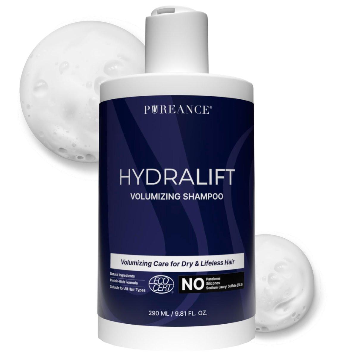 Pureance Hydralift – Volumizing Shampoo für dünner werdendes Haar für Frauen & Männer – Reinigendes Haarverdickungs- & Volumenshampoo – Sulfatfrei mit Weizenprotein, Betain, Glycerin, Aloe & ohne Parabene – 9,81 Fl Oz