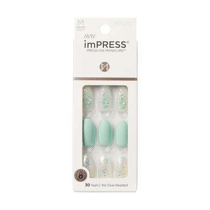KISS Impress Press-On Maniküre Fake Nägel, Evergreen – Mittellang, Mandelform, Nagellackfreies Mintgrün mit Glitzerdesign, inklusive Vorbereitungspad, Mini-Feile, Manikürestab und 30 Fake Nägel