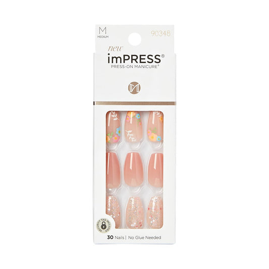 KISS Impress Press-On Manicure Fake Nägel, Hokey Pokey – Mittellange, Sargform, Nagellackfreies Nude Pink mit Blumenmuster, inklusive Vorbereitungspad, Mini-Feile, Manikürestab und 30 Fake Nägel