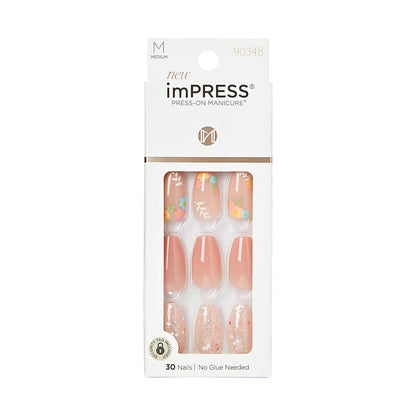 KISS Impress Press-On Manicure Fake Nägel, Hokey Pokey – Mittellange, Sargform, Nagellackfreies Nude Pink mit Blumenmuster, inklusive Vorbereitungspad, Mini-Feile, Manikürestab und 30 Fake Nägel