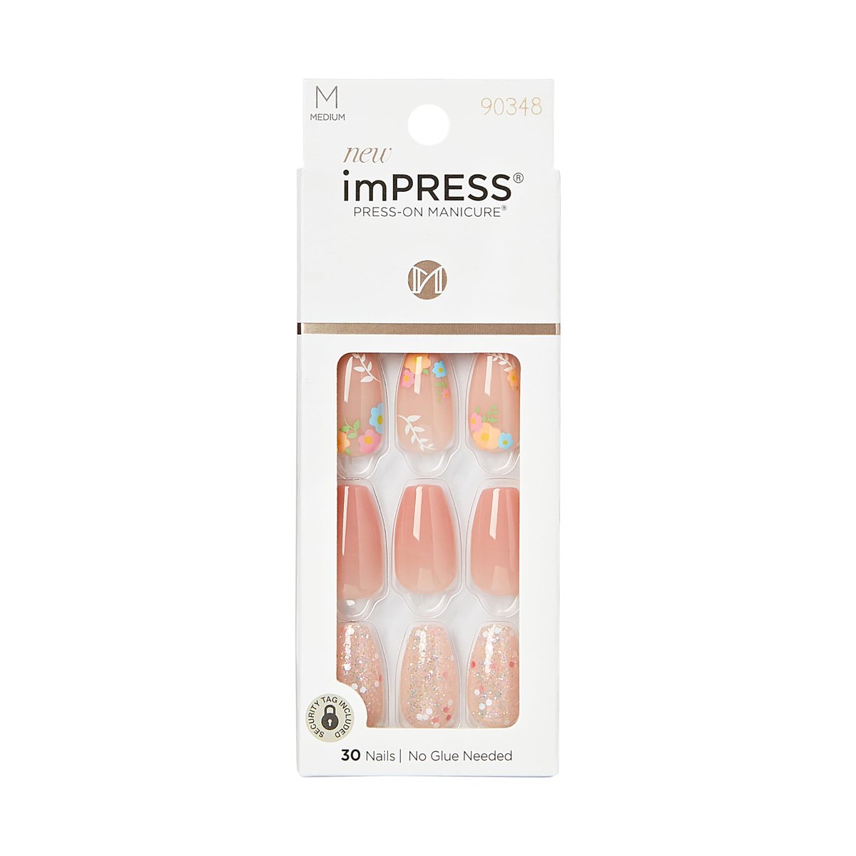 KISS Impress Press-On Manicure Fake Nägel, Hokey Pokey – Mittellange, Sargform, Nagellackfreies Nude Pink mit Blumenmuster, inklusive Vorbereitungspad, Mini-Feile, Manikürestab und 30 Fake Nägel