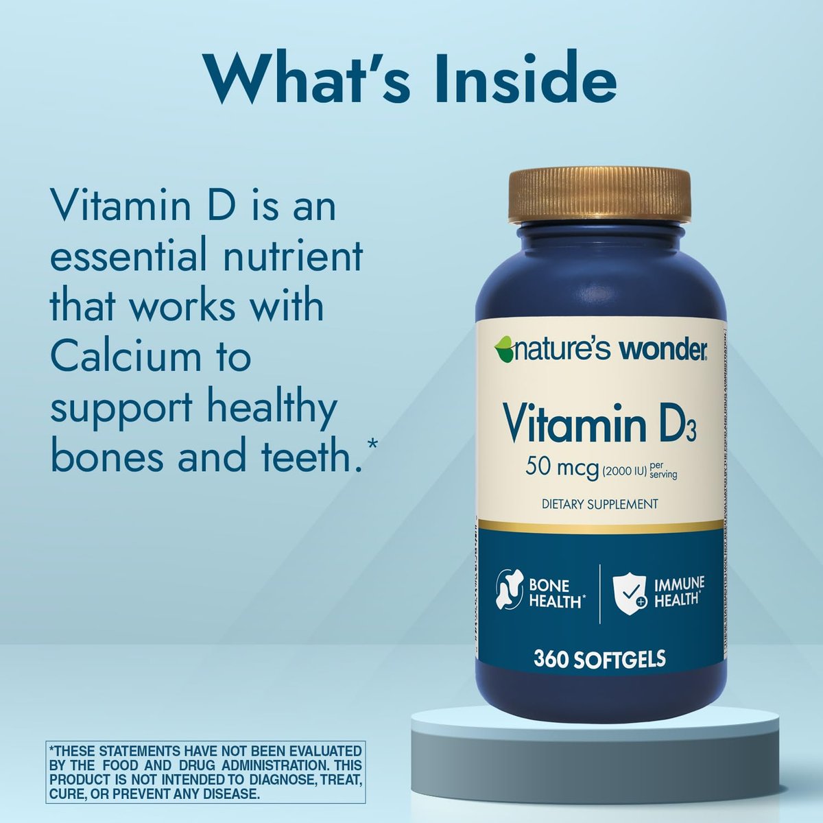 Nature's Wonder Vitamin D3 2000 IE (50 µg) - 360 Weichkapseln, 1-Jahresvorrat für Knochengesundheit, Immunsystem und Calciumaufnahme, glutenfrei