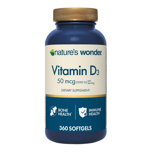 Nature's Wonder Vitamin D3 2000 IE (50 µg) - 360 Weichkapseln, 1-Jahresvorrat für Knochengesundheit, Immunsystem und Calciumaufnahme, glutenfrei