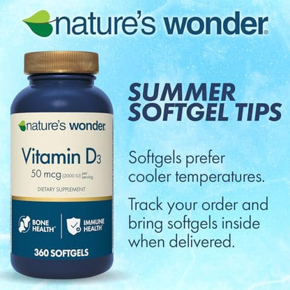 Nature's Wonder Vitamin D3 5000 IE (125 µg) Hochdosiert – Nahrungsergänzungsmittel zur Unterstützung von Knochengesundheit und Immunsystem – Glutenfrei – 360 Weichkapseln – 1-Jahres-Vorrat