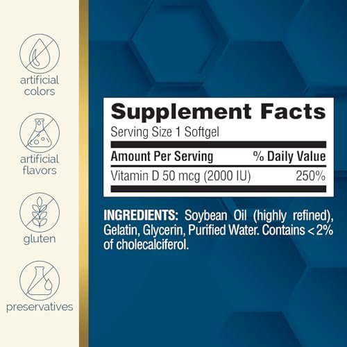 Nature's Wonder Vitamin D3 2000 IE (50 µg) - 360 Weichkapseln, 1-Jahresvorrat für Knochengesundheit, Immunsystem und Calciumaufnahme, glutenfrei