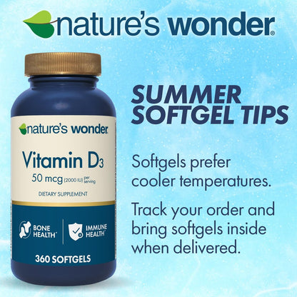 Nature's Wonder Vitamin D3 2000 IE (50 µg) - 360 Weichkapseln, 1-Jahresvorrat für Knochengesundheit, Immunsystem und Calciumaufnahme, glutenfrei