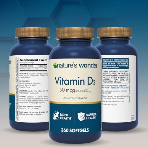 Nature's Wonder Vitamin D3 2000 IE (50 µg) - 360 Weichkapseln, 1-Jahresvorrat für Knochengesundheit, Immunsystem und Calciumaufnahme, glutenfrei