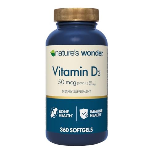 Nature's Wonder Vitamin D3 2000 IE (50 µg) - 360 Weichkapseln, 1-Jahresvorrat für Knochengesundheit, Immunsystem und Calciumaufnahme, glutenfrei