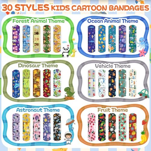 TUXIYA 300er Pack Kinder Cartoon Pflaster - 30 Motive, 6 Cartoon Themen, Flexible & Wasserfeste Pflaster für kleine Schnitte und Schrammen