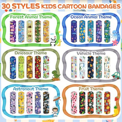 TUXIYA 300er Pack Kinder Cartoon Pflaster - 30 Motive, 6 Cartoon Themen, Flexible & Wasserfeste Pflaster für kleine Schnitte und Schrammen