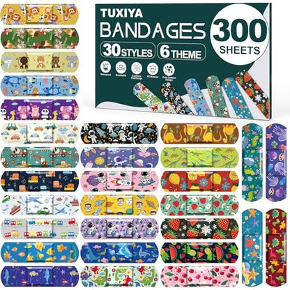 TUXIYA 300er Pack Kinder Cartoon Pflaster - 30 Motive, 6 Cartoon Themen, Flexible & Wasserfeste Pflaster für kleine Schnitte und Schrammen