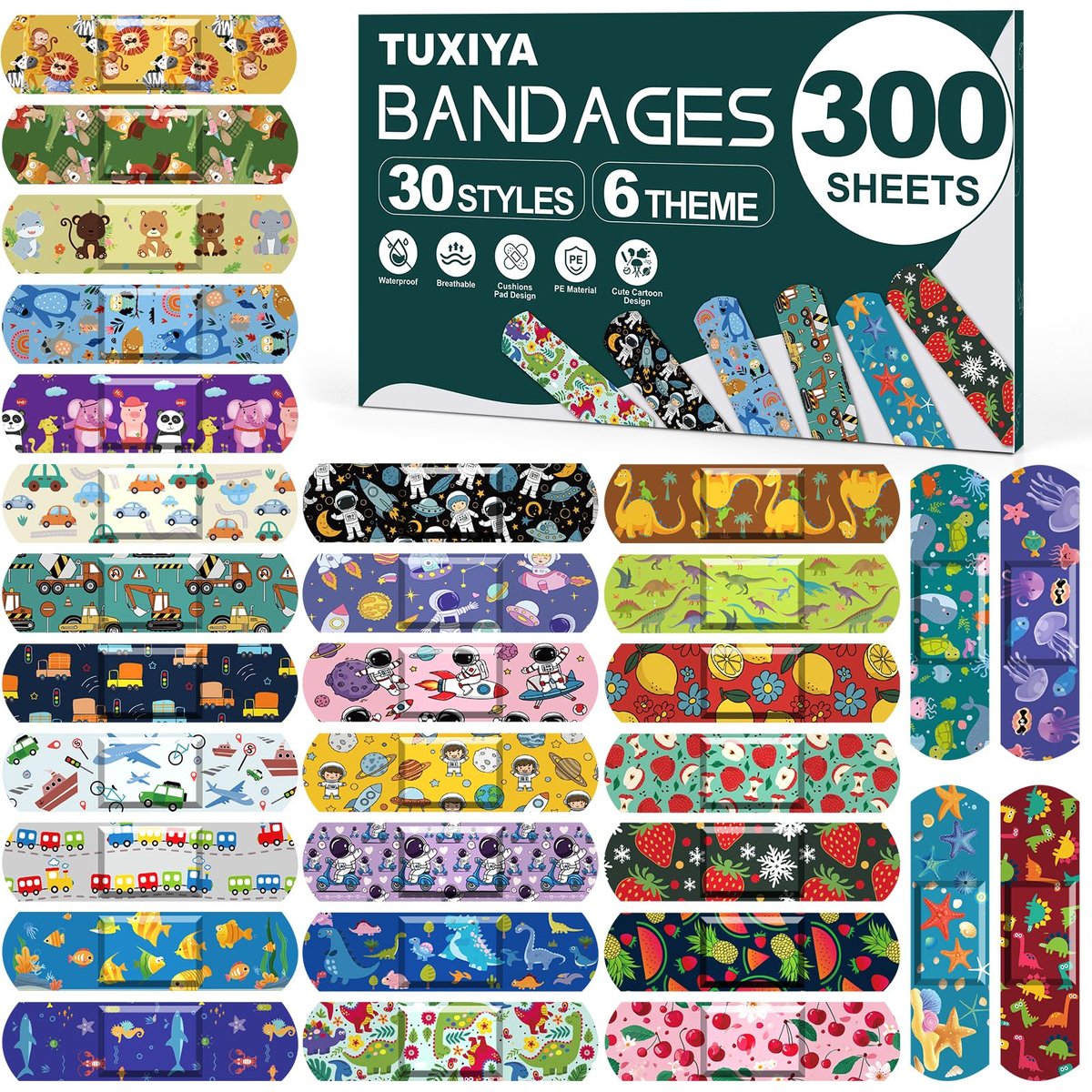 TUXIYA 300er Pack Kinder Cartoon Pflaster - 30 Motive, 6 Cartoon Themen, Flexible & Wasserfeste Pflaster für kleine Schnitte und Schrammen